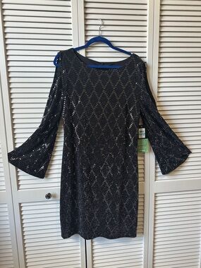 Black Sequin Cold-Shoulder Bell-Sleeve Party Dress